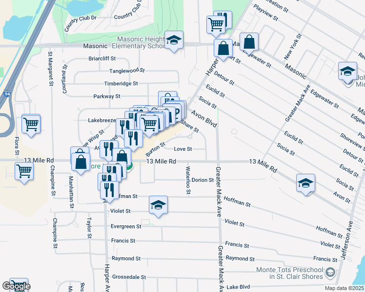 map of restaurants, bars, coffee shops, grocery stores, and more near 22107 Love Street in St. Clair Shores