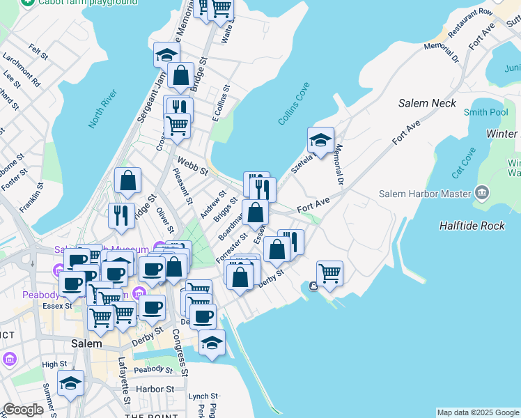 map of restaurants, bars, coffee shops, grocery stores, and more near 64 Forrester Street in Salem