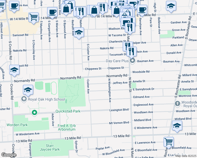 map of restaurants, bars, coffee shops, grocery stores, and more near 506 Normandy Road in Royal Oak