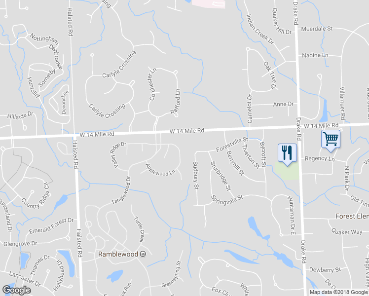 map of restaurants, bars, coffee shops, grocery stores, and more near 31176 Applewood Lane in Farmington