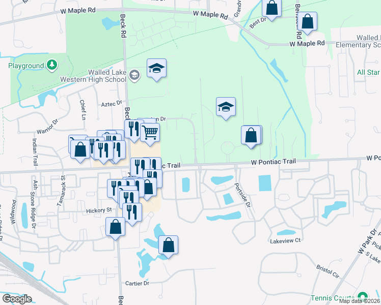 map of restaurants, bars, coffee shops, grocery stores, and more near 13105 Addington Drive in Commerce Charter Township
