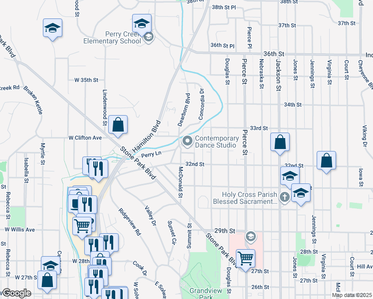 map of restaurants, bars, coffee shops, grocery stores, and more near 115 Midvale Avenue in Sioux City