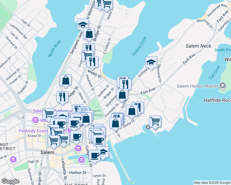 map of restaurants, bars, coffee shops, grocery stores, and more near 60 Webb Street in Salem