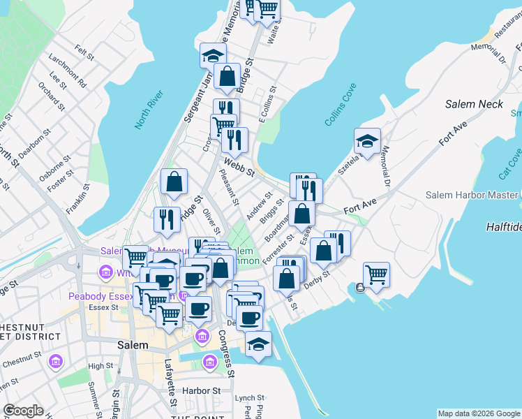 map of restaurants, bars, coffee shops, grocery stores, and more near 26 Andrew Street in Salem