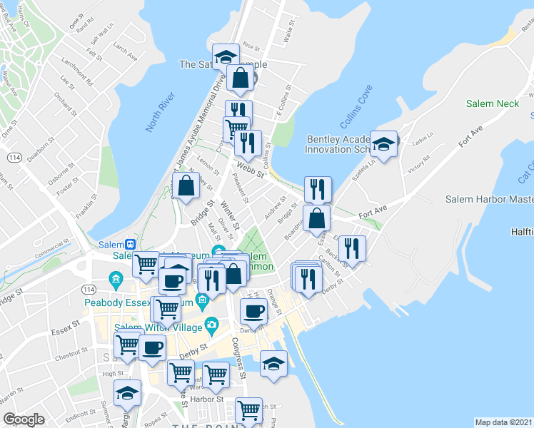 map of restaurants, bars, coffee shops, grocery stores, and more near 25 Pickman Street in Salem