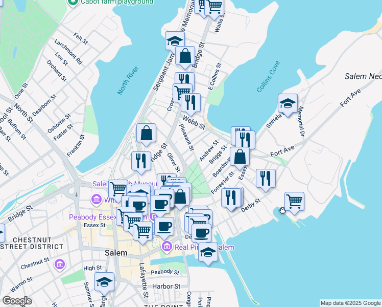 map of restaurants, bars, coffee shops, grocery stores, and more near 25 Pickman Street in Salem
