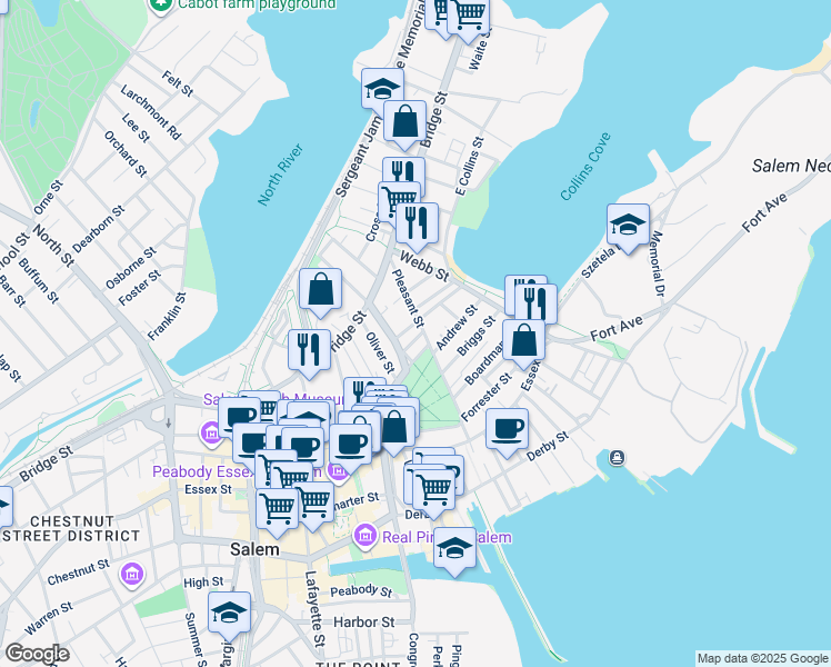 map of restaurants, bars, coffee shops, grocery stores, and more near 3 Parker Court in Salem