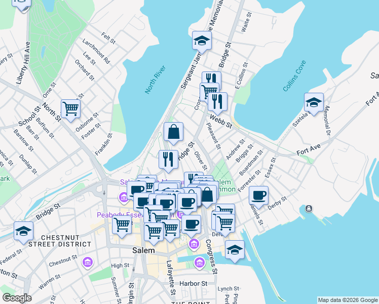 map of restaurants, bars, coffee shops, grocery stores, and more near 138 Bridge Street in Salem