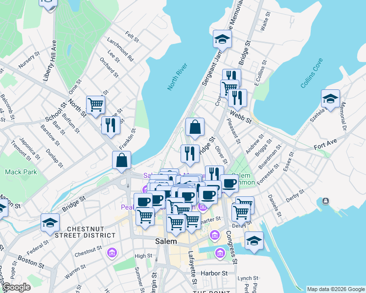 map of restaurants, bars, coffee shops, grocery stores, and more near 1c Sergeant James Ayube Memorial Drive in Salem
