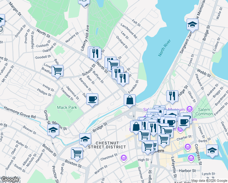 map of restaurants, bars, coffee shops, grocery stores, and more near 111 North Street in Salem