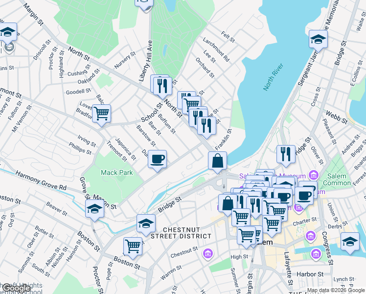 map of restaurants, bars, coffee shops, grocery stores, and more near 111 North Street in Salem