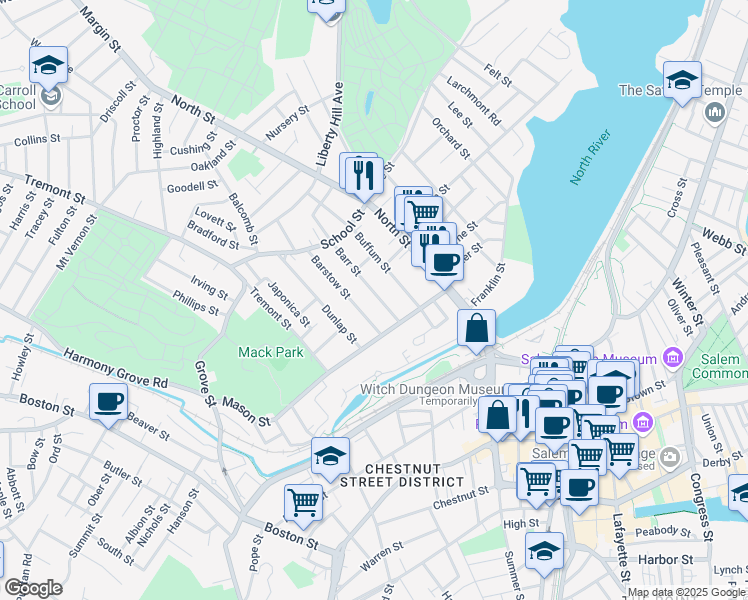 map of restaurants, bars, coffee shops, grocery stores, and more near 15 Buffum Street in Salem
