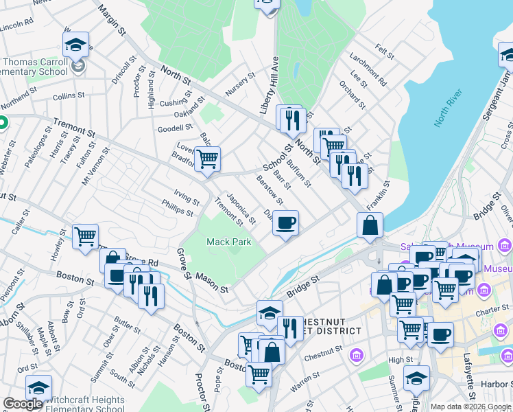 map of restaurants, bars, coffee shops, grocery stores, and more near 44 Dunlap Street in Salem