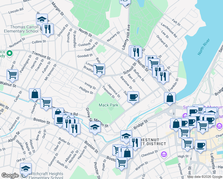 map of restaurants, bars, coffee shops, grocery stores, and more near 36 Japonica Street in Salem