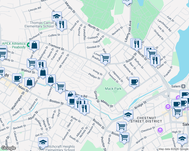 map of restaurants, bars, coffee shops, grocery stores, and more near 24 Irving Street in Salem