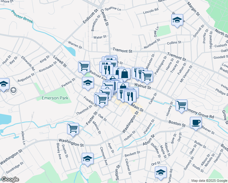 map of restaurants, bars, coffee shops, grocery stores, and more near Peabody Square in Peabody