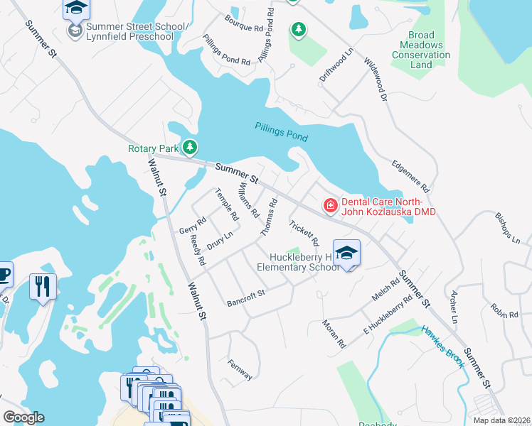 map of restaurants, bars, coffee shops, grocery stores, and more near 3 Thomas Road in Lynnfield