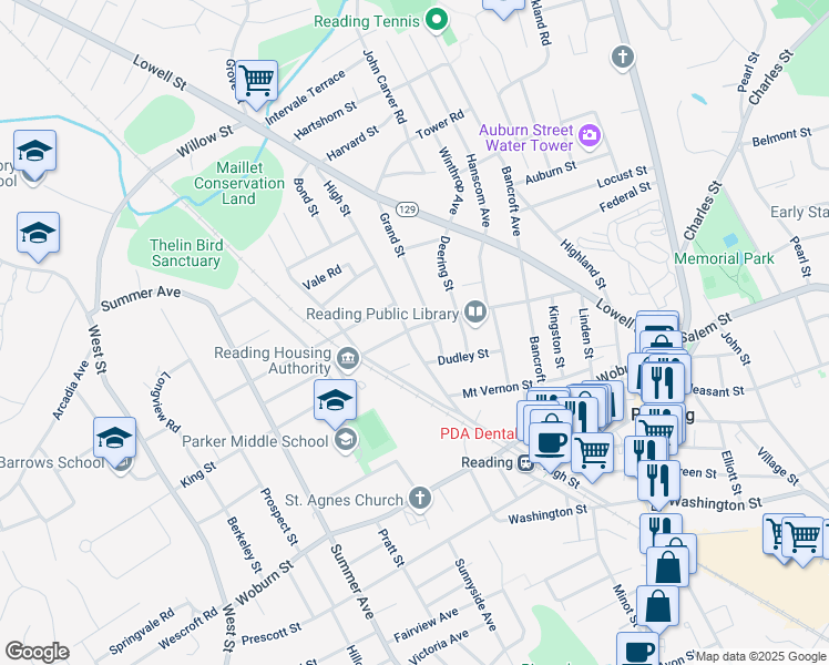 map of restaurants, bars, coffee shops, grocery stores, and more near 83 Middlesex Avenue in Reading