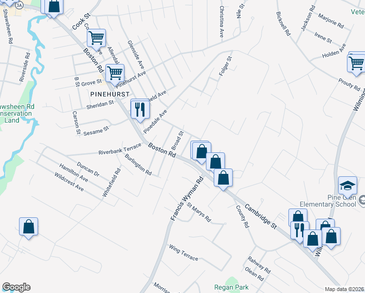map of restaurants, bars, coffee shops, grocery stores, and more near 12 Nealley Street in Billerica