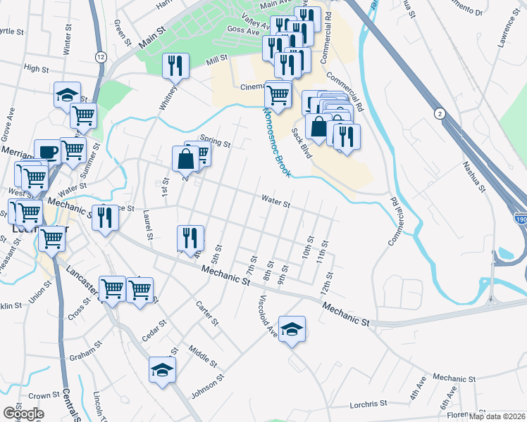 map of restaurants, bars, coffee shops, grocery stores, and more near 258 Water Street in Leominster