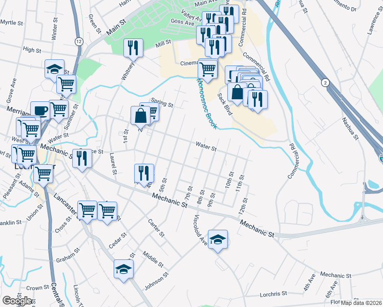 map of restaurants, bars, coffee shops, grocery stores, and more near 258 Water Street in Leominster
