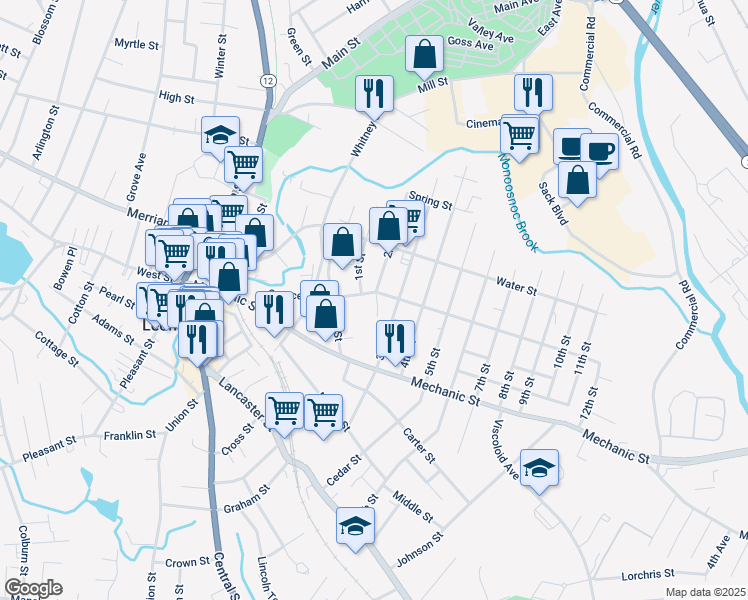 map of restaurants, bars, coffee shops, grocery stores, and more near 126 2nd Street in Leominster