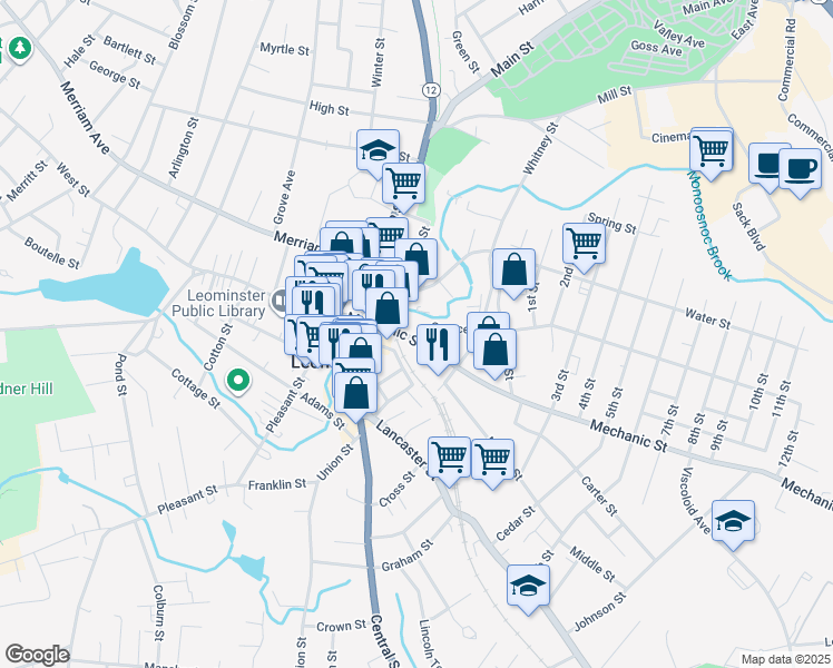 map of restaurants, bars, coffee shops, grocery stores, and more near 52 Mechanic Street in Leominster