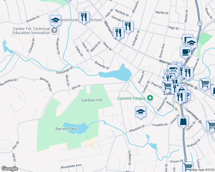 map of restaurants, bars, coffee shops, grocery stores, and more near 57 Elm Street in Leominster