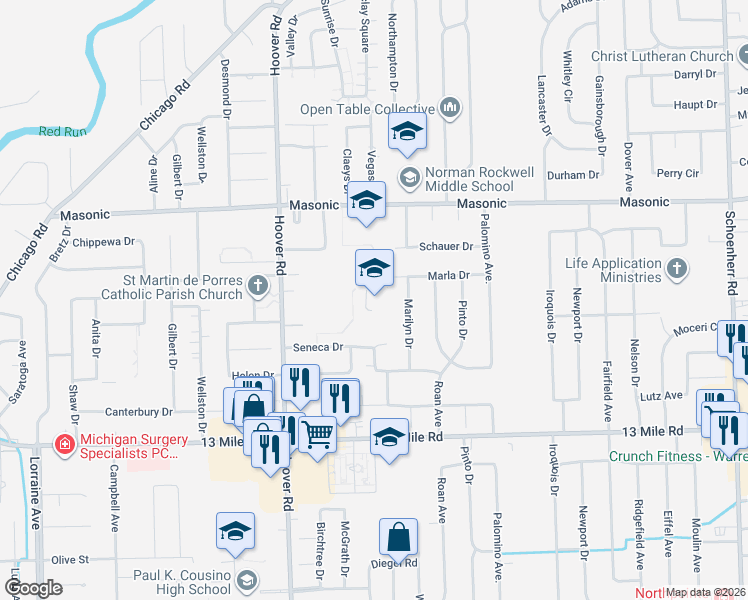 map of restaurants, bars, coffee shops, grocery stores, and more near 12100 Masonic Boulevard in Warren