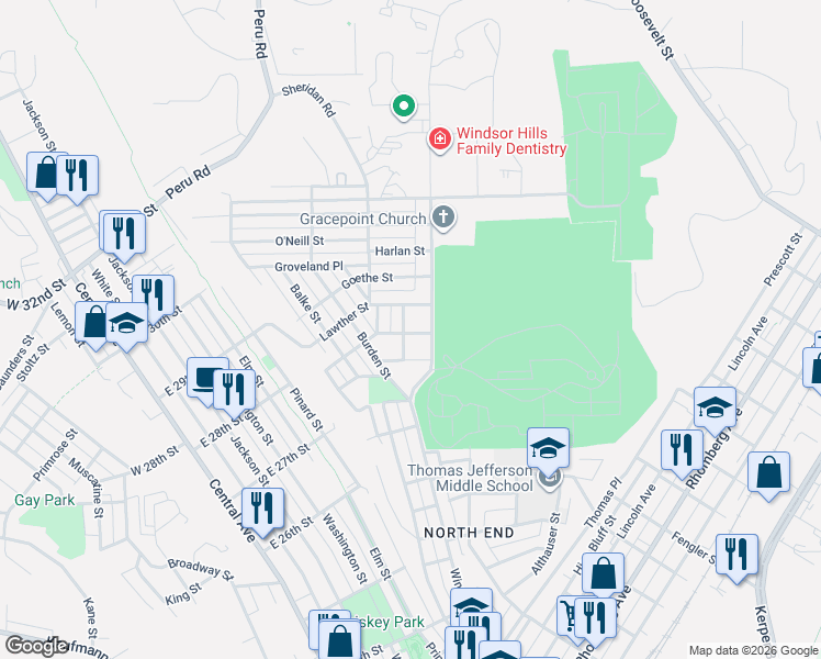 map of restaurants, bars, coffee shops, grocery stores, and more near 2849 Windsor Avenue in Dubuque