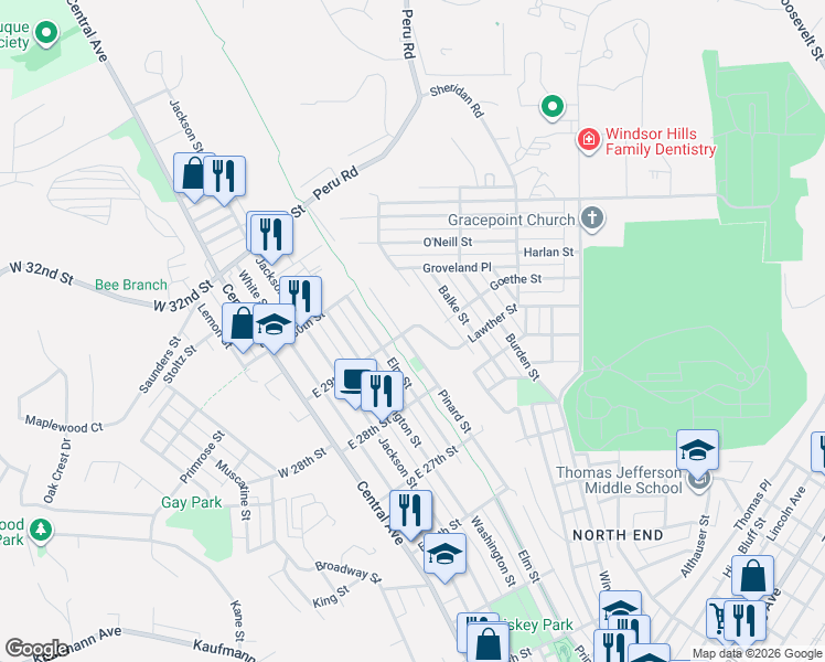 map of restaurants, bars, coffee shops, grocery stores, and more near 2924 Brunswick Street in Dubuque