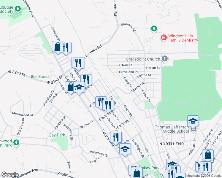map of restaurants, bars, coffee shops, grocery stores, and more near 2931 Pinard Street in Dubuque