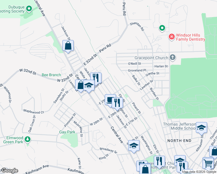 map of restaurants, bars, coffee shops, grocery stores, and more near 2949 Elm Street in Dubuque