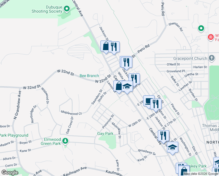 map of restaurants, bars, coffee shops, grocery stores, and more near 101-151 Saunders Street in Dubuque