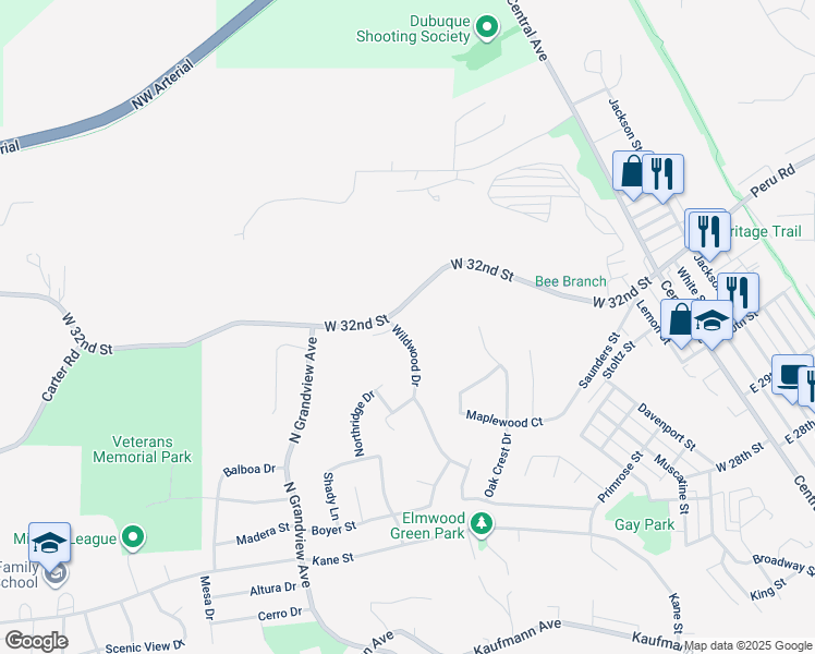 map of restaurants, bars, coffee shops, grocery stores, and more near 883-943 West 32nd Street in Dubuque