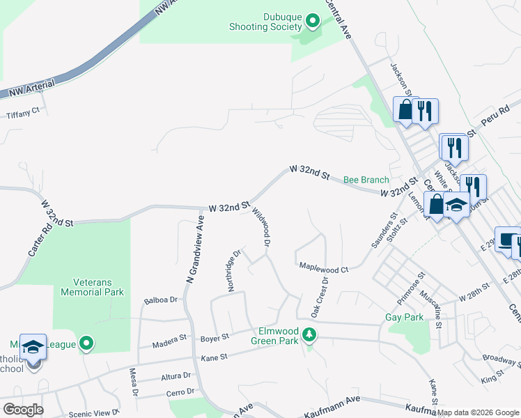 map of restaurants, bars, coffee shops, grocery stores, and more near 883-943 West 32nd Street in Dubuque