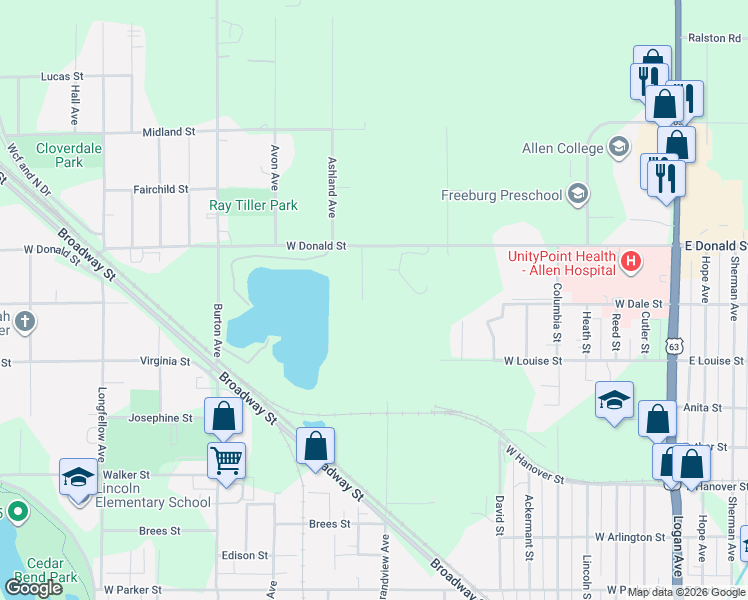 map of restaurants, bars, coffee shops, grocery stores, and more near 1920 Cottonwood Lane in Waterloo