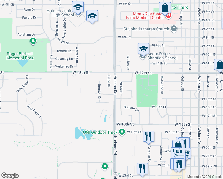 map of restaurants, bars, coffee shops, grocery stores, and more near 1314 Delta Drive in Cedar Falls