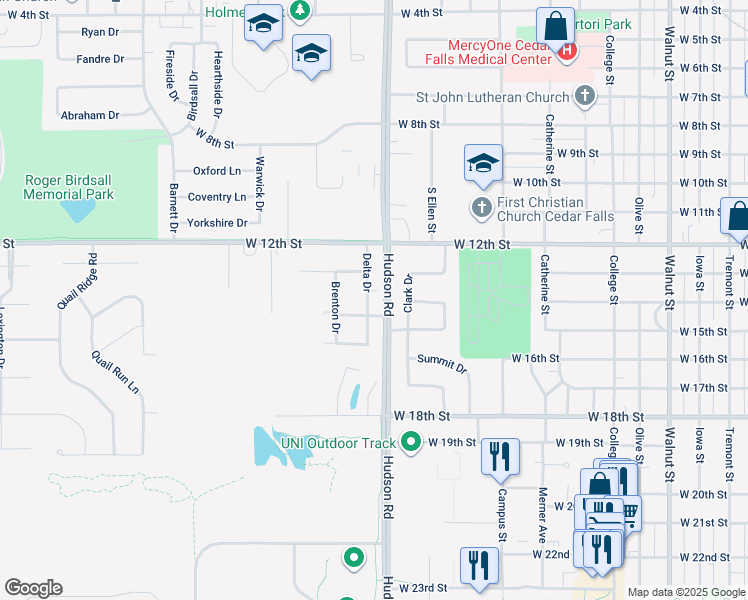 map of restaurants, bars, coffee shops, grocery stores, and more near 1314 Delta Drive in Cedar Falls