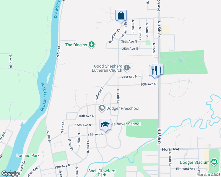 map of restaurants, bars, coffee shops, grocery stores, and more near 1206-1398 20th Avenue North in Fort Dodge
