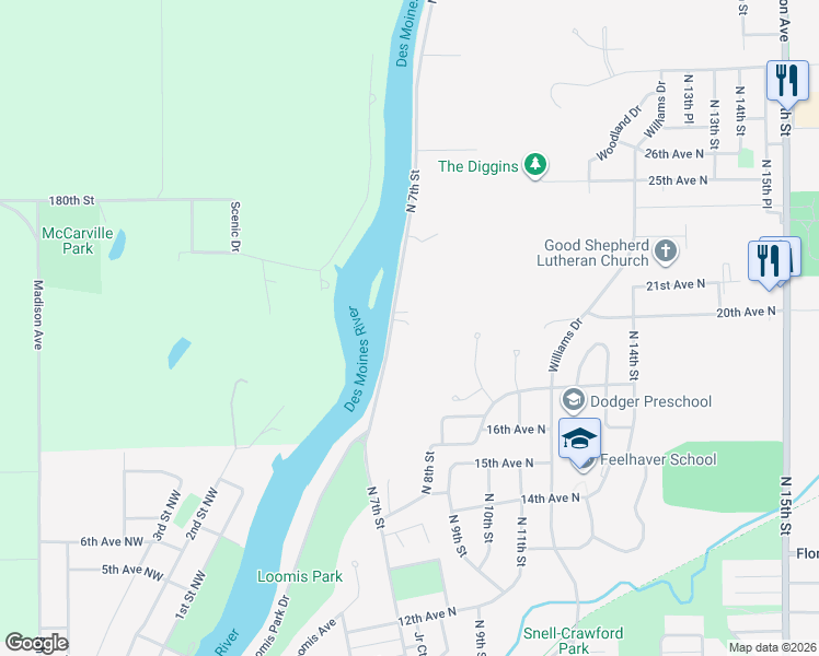 map of restaurants, bars, coffee shops, grocery stores, and more near 1929 North 7th Street in Fort Dodge