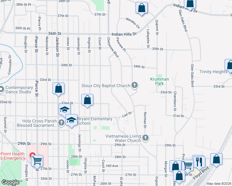 map of restaurants, bars, coffee shops, grocery stores, and more near 3240 Viking Drive in Sioux City