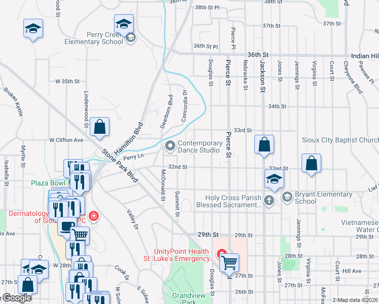 map of restaurants, bars, coffee shops, grocery stores, and more near 3236 Grandview Boulevard in Sioux City