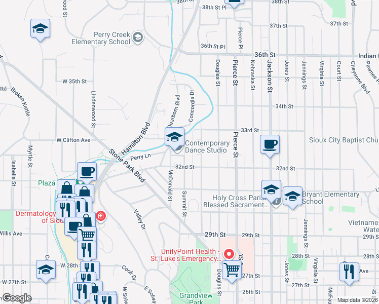map of restaurants, bars, coffee shops, grocery stores, and more near 3238 Summit Street in Sioux City