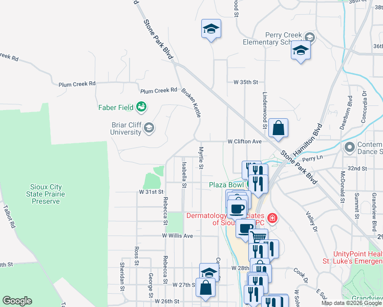 map of restaurants, bars, coffee shops, grocery stores, and more near 1200-1298 West Clifton Avenue in Sioux City