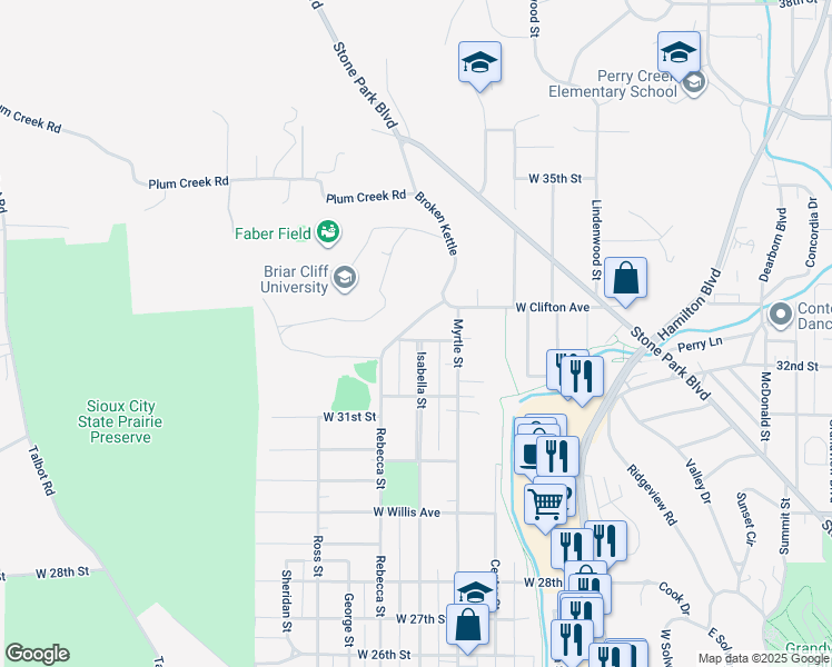 map of restaurants, bars, coffee shops, grocery stores, and more near 3212 Broken Kettle in Sioux City