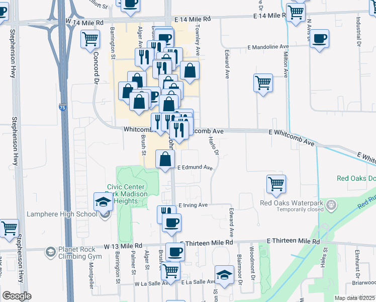 map of restaurants, bars, coffee shops, grocery stores, and more near 31632 John R Rd in Madison Heights