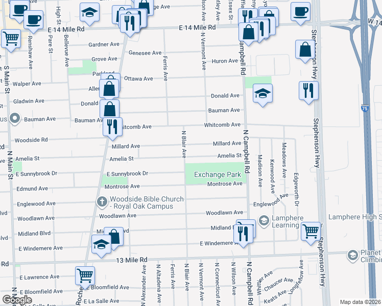 map of restaurants, bars, coffee shops, grocery stores, and more near 1301 Millard Avenue in Royal Oak