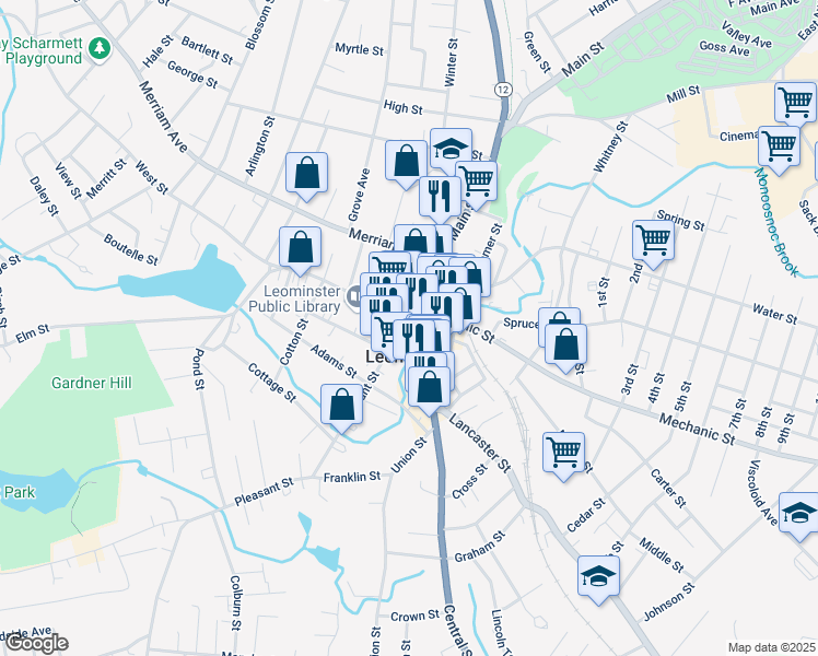 map of restaurants, bars, coffee shops, grocery stores, and more near 14 Monument Square in Leominster
