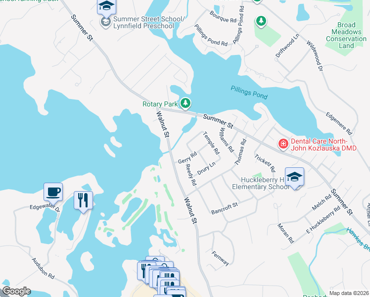 map of restaurants, bars, coffee shops, grocery stores, and more near 22 Temple Road in Lynnfield